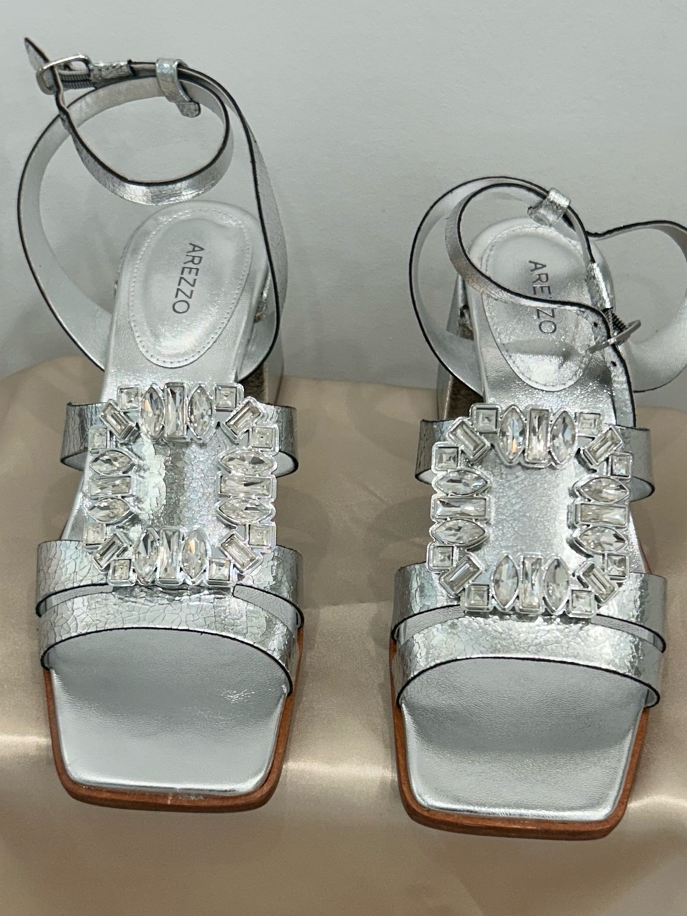 Silver Crystal Embellished Ankle-Strap SandalsBy Arezzo